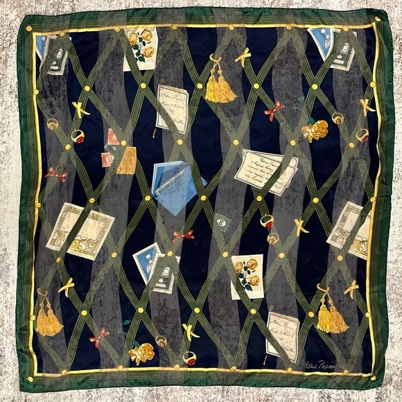 Paloma Picasso Accessories - Vintage Paloma Picasso Silk Scarf Italy Green Yellow Navy Blue 33x33” square